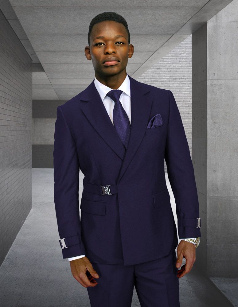 Statement Mens Modern Fit 2 Piece 100% Wool Suit – Double Breasted Jacket with Metal Buckle Closure - 34 Short or Extra Small