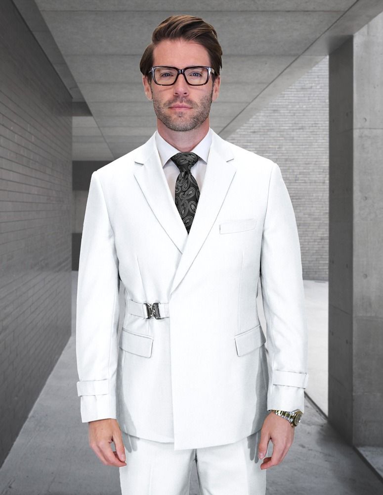 Statement Mens Modern Fit 2 Piece 100% Wool Suit – Double Breasted Jacket with Metal Buckle Closure - 34 Short or Extra Small