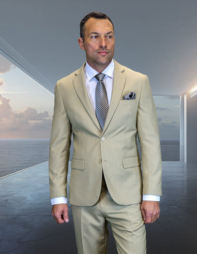 Statement Mens Modern Fit 2 Piece 100% Wool Suit – Notch Lapel Single Breasted Jacket