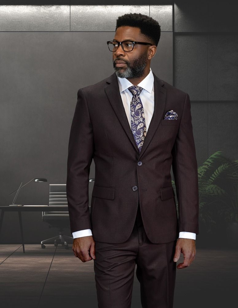 Statement Mens Modern Fit 2 Piece 100% Wool Suit – Notch Lapel Single Breasted Jacket - 34 Short or Extra Small