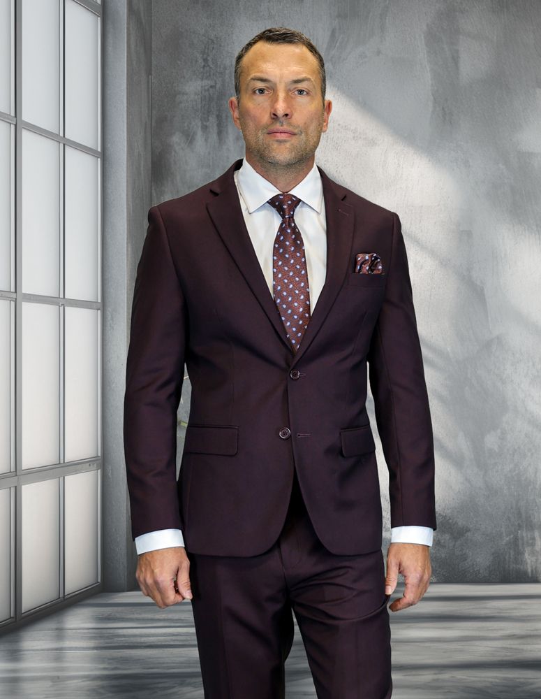 Statement Mens Modern Fit 2 Piece 100% Wool Suit – Notch Lapel Single Breasted Jacket - 34 Short or Extra Small