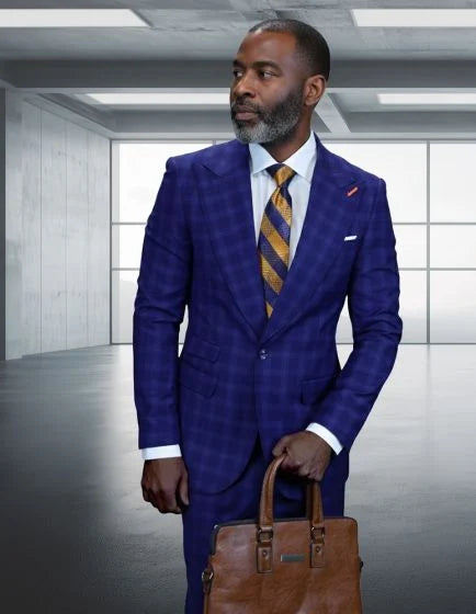 Statement Mens Modern Fit 2 Piece 100% Wool Suit – Wide Peak Lapel, One Button Jacket - 34 Short or Extra Small