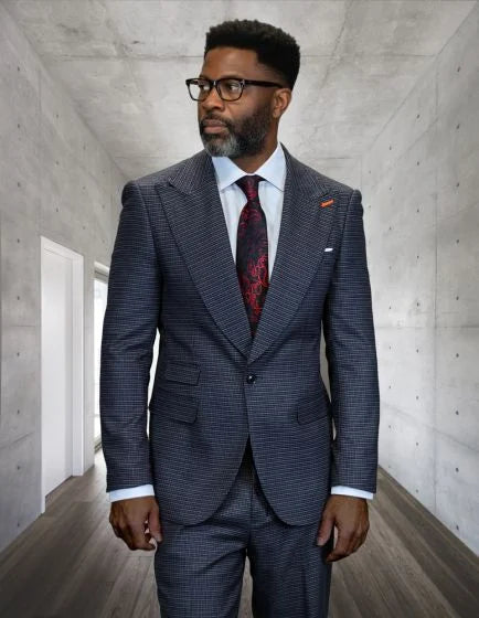 Statement Mens Modern Fit 2 Piece 100% Wool Suit – Wide Peak Lapel, One Button Jacket - 34 Short or Extra Small