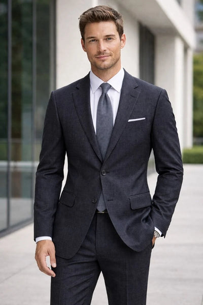 Statement Mens Modern Fit 2 Piece 100% Wool Textured Solid Suit – Notch Lapel Single Breasted Jacket
