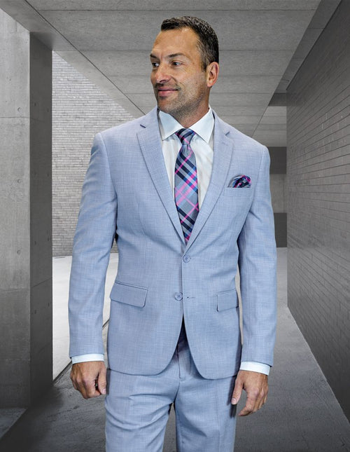 Statement Mens Modern Fit 2 Piece 100% Wool Textured Solid Suit – Single Breasted Notch Lapel Jacket
