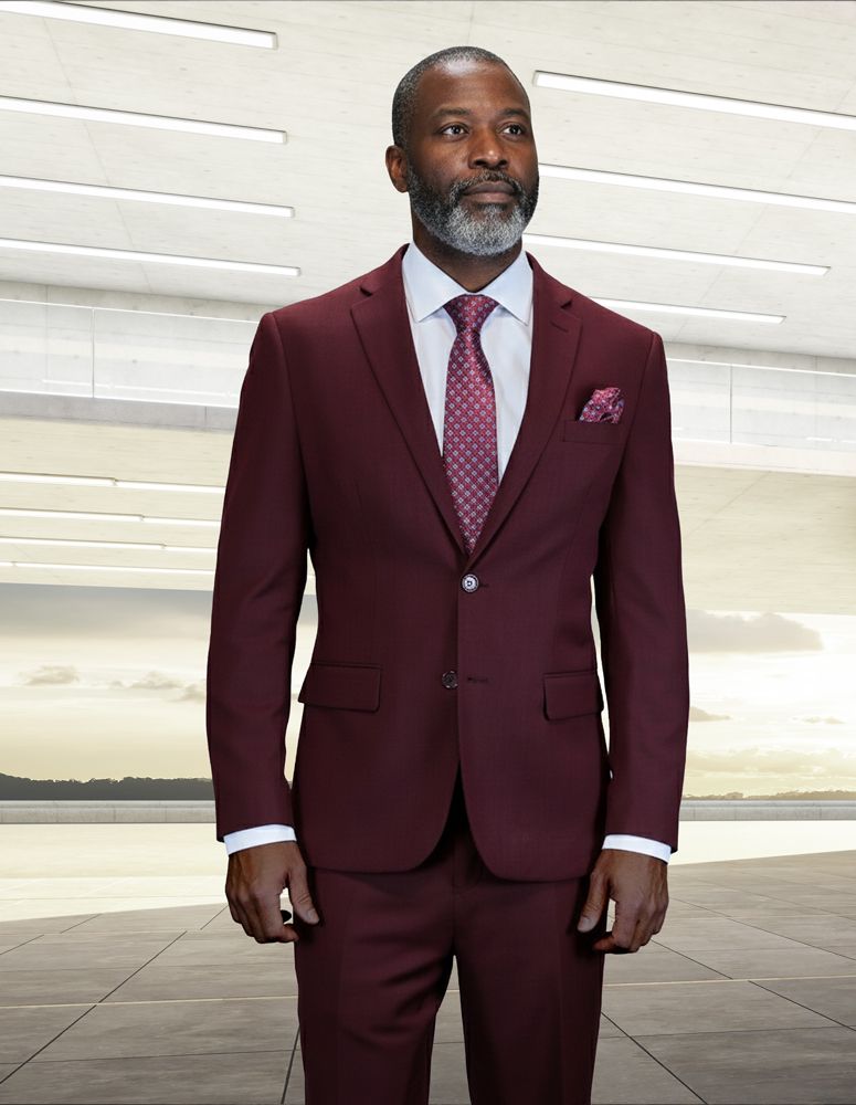 Statement Mens Modern Fit 2 Piece 100% Wool Textured Solid Suit – Single Breasted Notch Lapel Jacket - 34 Short or Extra Small