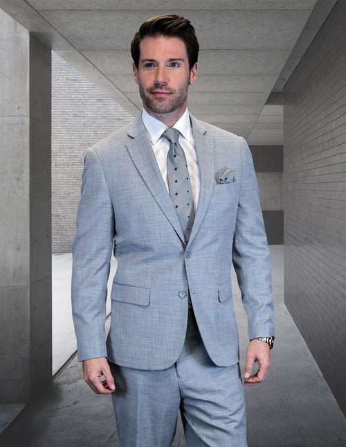 Statement Mens Modern Fit 2 Piece 100% Wool Textured Solid Suit – Single Breasted Notch Lapel Jacket