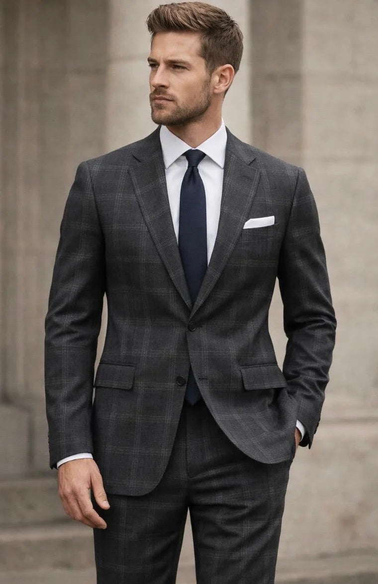 Statement Mens Modern Fit 2 Piece 100% Wool Windowpane Plaid Suit – Single Breasted Notch Lapel Jacket - 34 Short or Extra Small