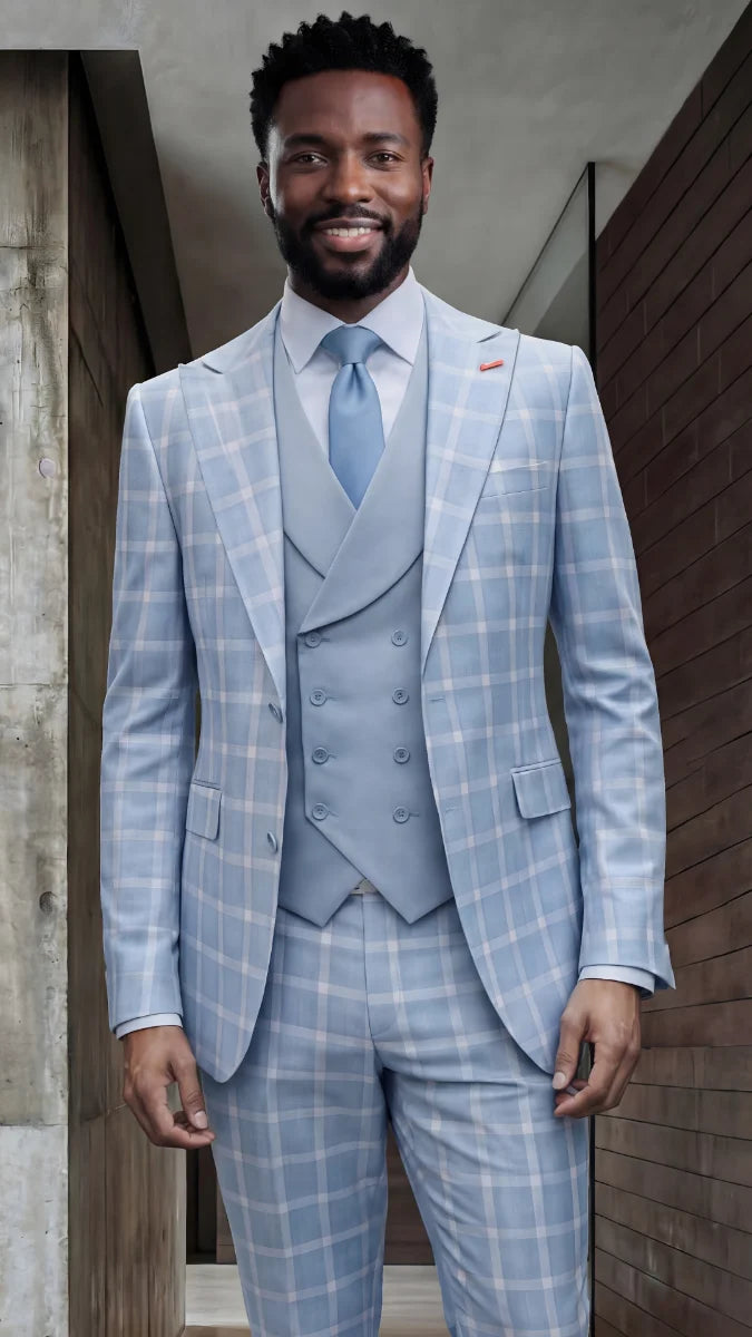 Statement Mens Modern Fit 3 Piece 100% Super 200s Wool Classic Windowpane Suit – Double Breasted Vest - 34 Short or Extra Small