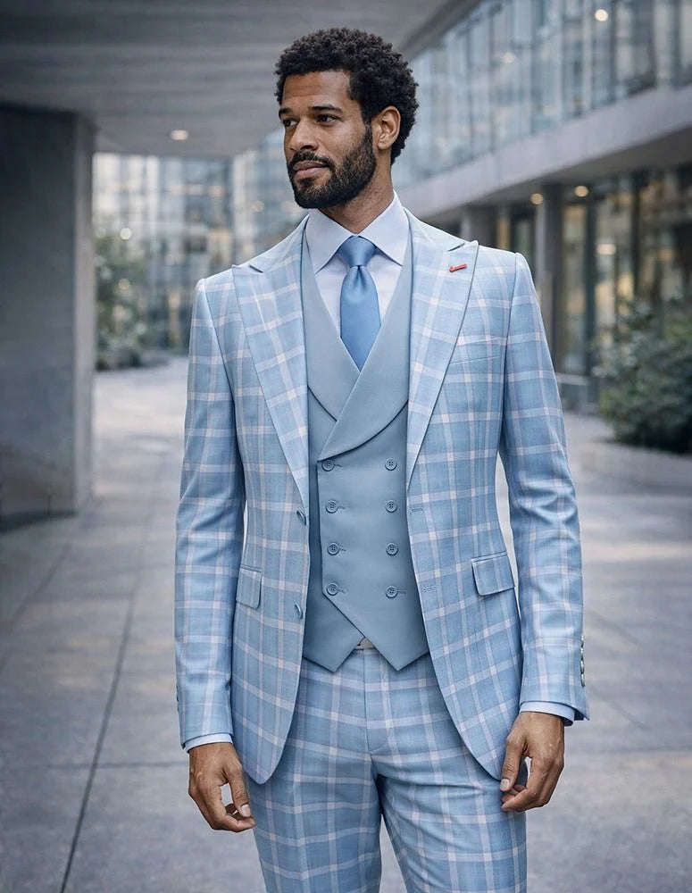 Statement Mens Modern Fit 3 Piece 100% Super 200s Wool Classic Windowpane Suit – Double Breasted Vest - 34 Short or Extra Small