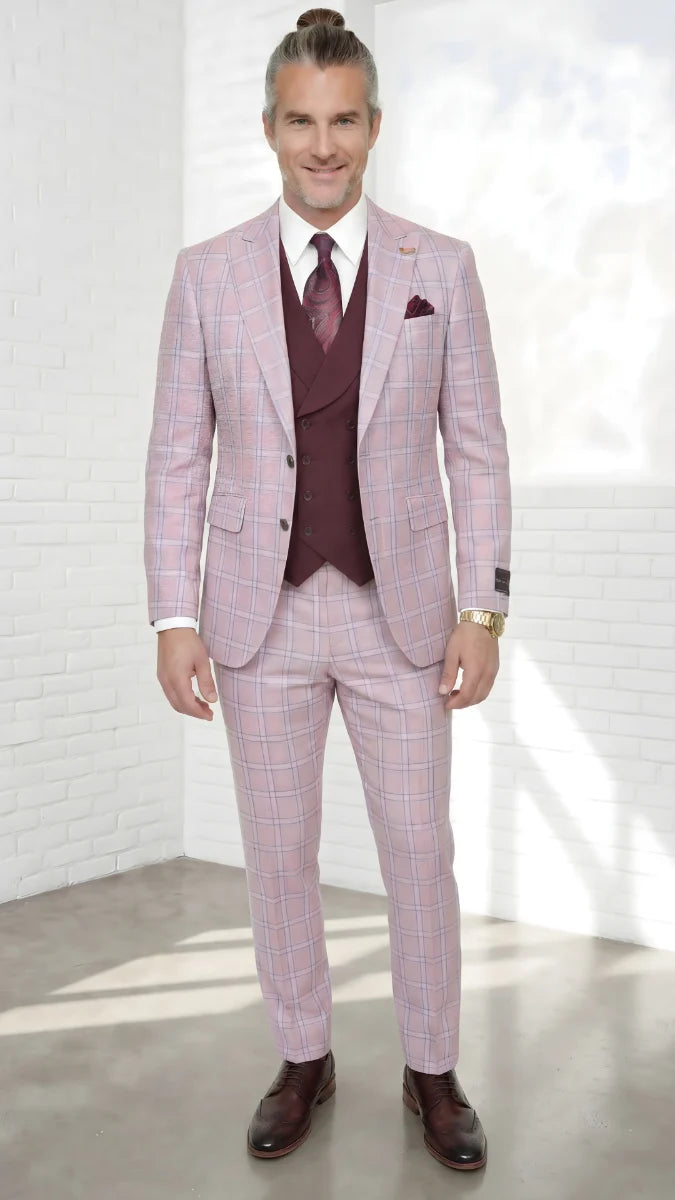 Statement Mens Modern Fit 3 Piece 100% Super 200s Wool Classic Windowpane Suit – Double Breasted Vest - 34 Short or Extra Small