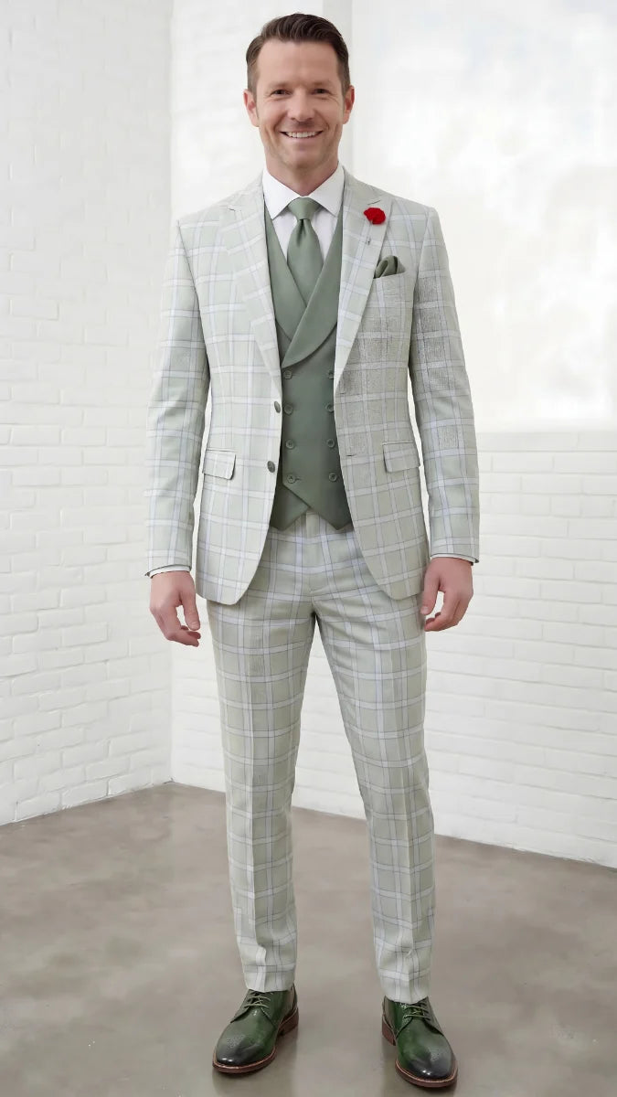 Statement Mens Modern Fit 3 Piece 100% Super 200s Wool Classic Windowpane Suit – Double Breasted Vest - 34 Short or Extra Small