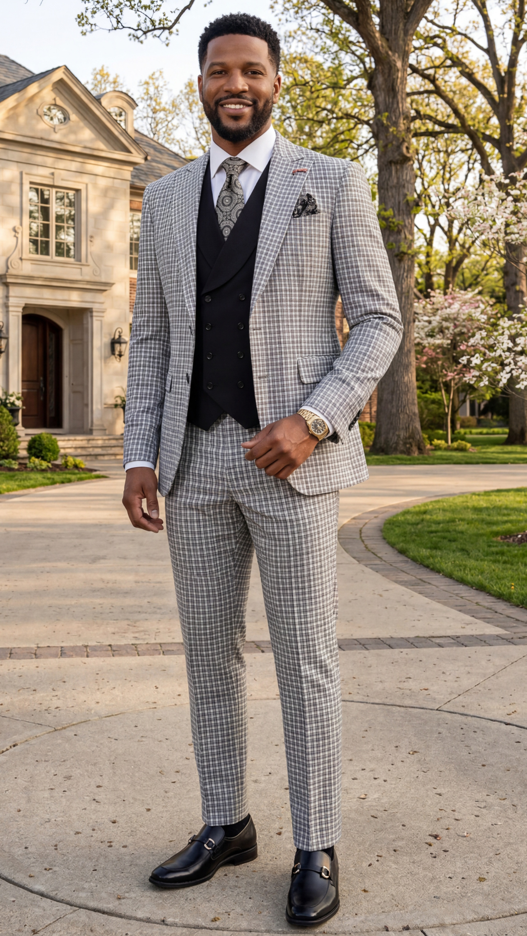 Statement Mens Modern Fit 3 Piece 100% Wool Gingham Suit – Peak Lapel, Double Breasted Vest - 34 Short or Extra Small