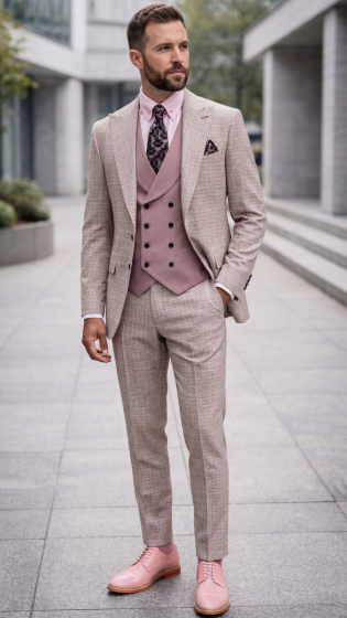 Statement Mens Modern Fit 3 Piece 100% Wool Gingham Suit – Peak Lapel, Double Breasted Vest - 34 Short or Extra Small