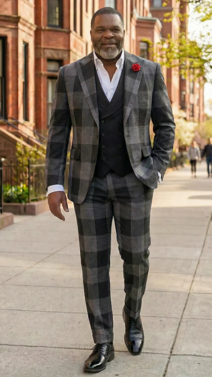 Statement Mens Modern Fit 3 Piece 100% Super 200s Wool Large Checker Suit – Double Breasted Vest - 34 Short or Extra Small