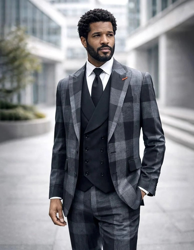 Statement Mens Modern Fit 3 Piece 100% Super 200s Wool Large Checker Suit – Double Breasted Vest - 34 Short or Extra Small