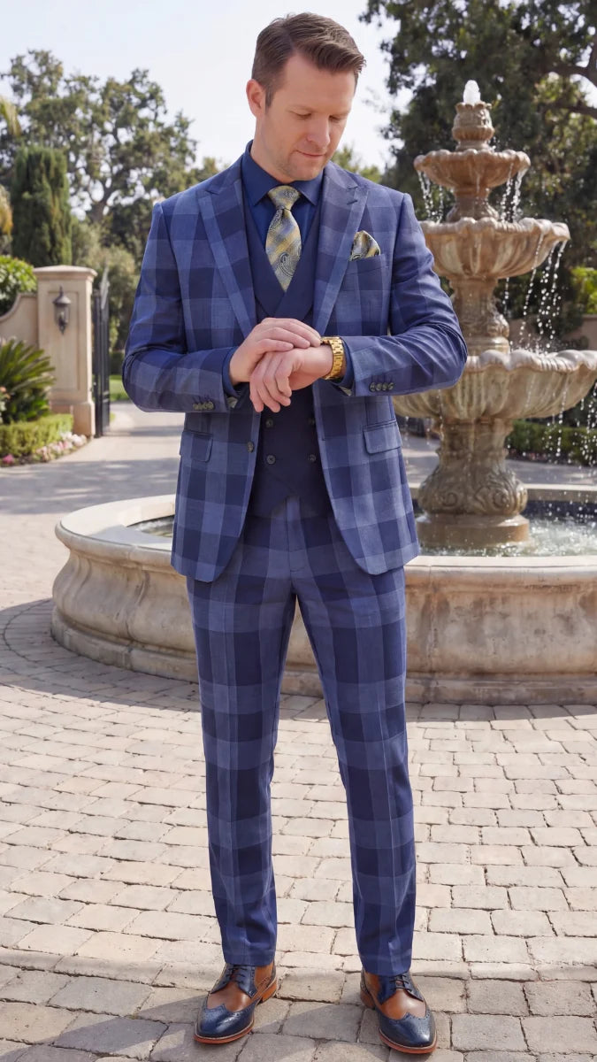 Statement Mens Modern Fit 3 Piece 100% Super 200s Wool Large Checker Suit – Double Breasted Vest - 34 Short or Extra Small