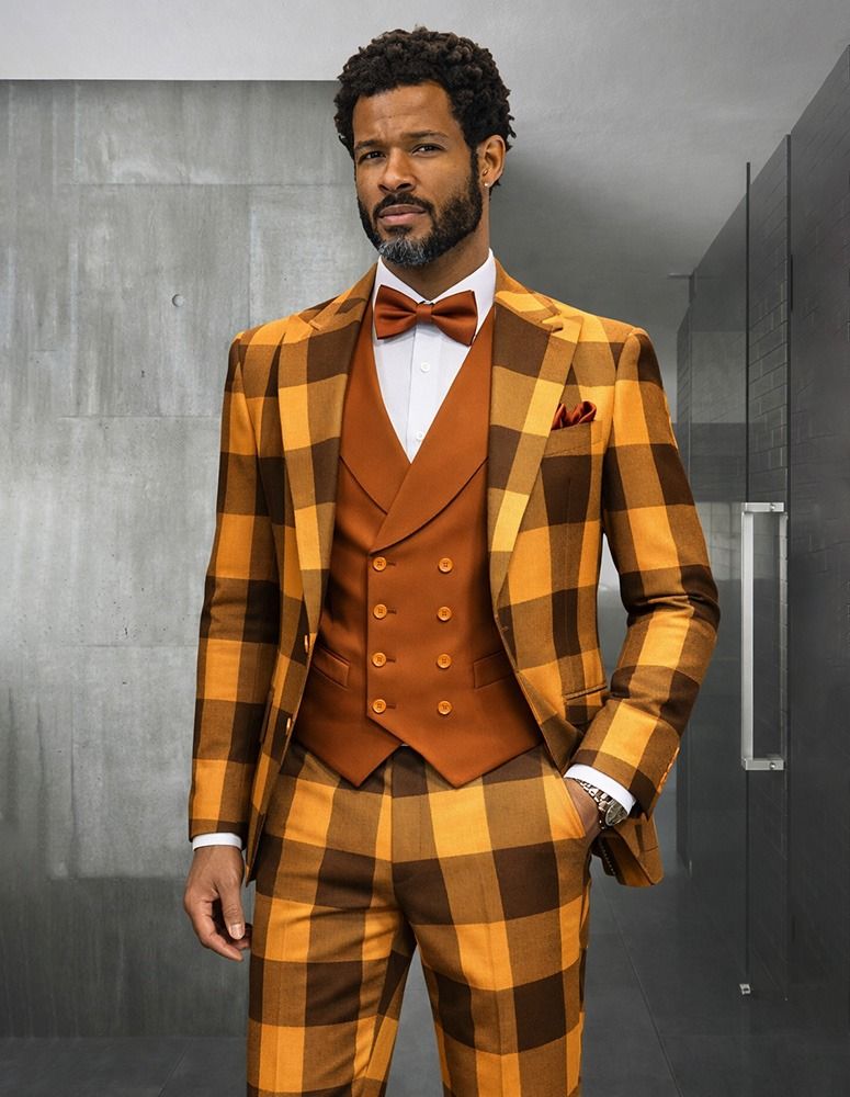 Statement Mens Modern Fit 3 Piece 100% Super 200s Wool Large Checker Suit – Double Breasted Vest - 34 Short or Extra Small