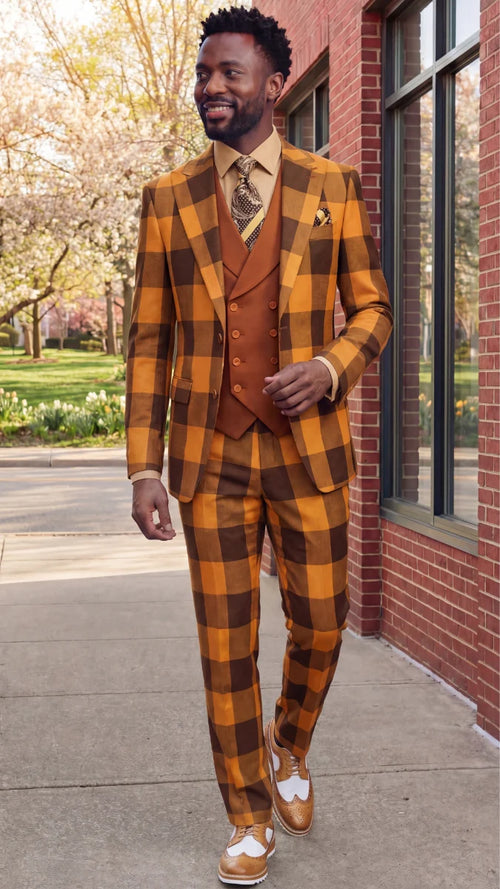 Statement Mens Modern Fit 3 Piece 100% Super 200s Wool Large Checker Suit – Double Breasted Vest