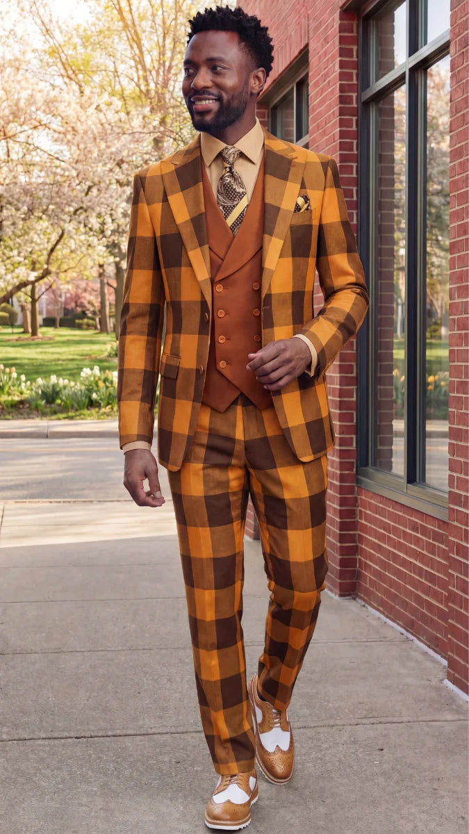 Statement Mens Modern Fit 3 Piece 100% Super 200s Wool Large Checker Suit – Double Breasted Vest - 34 Short or Extra Small