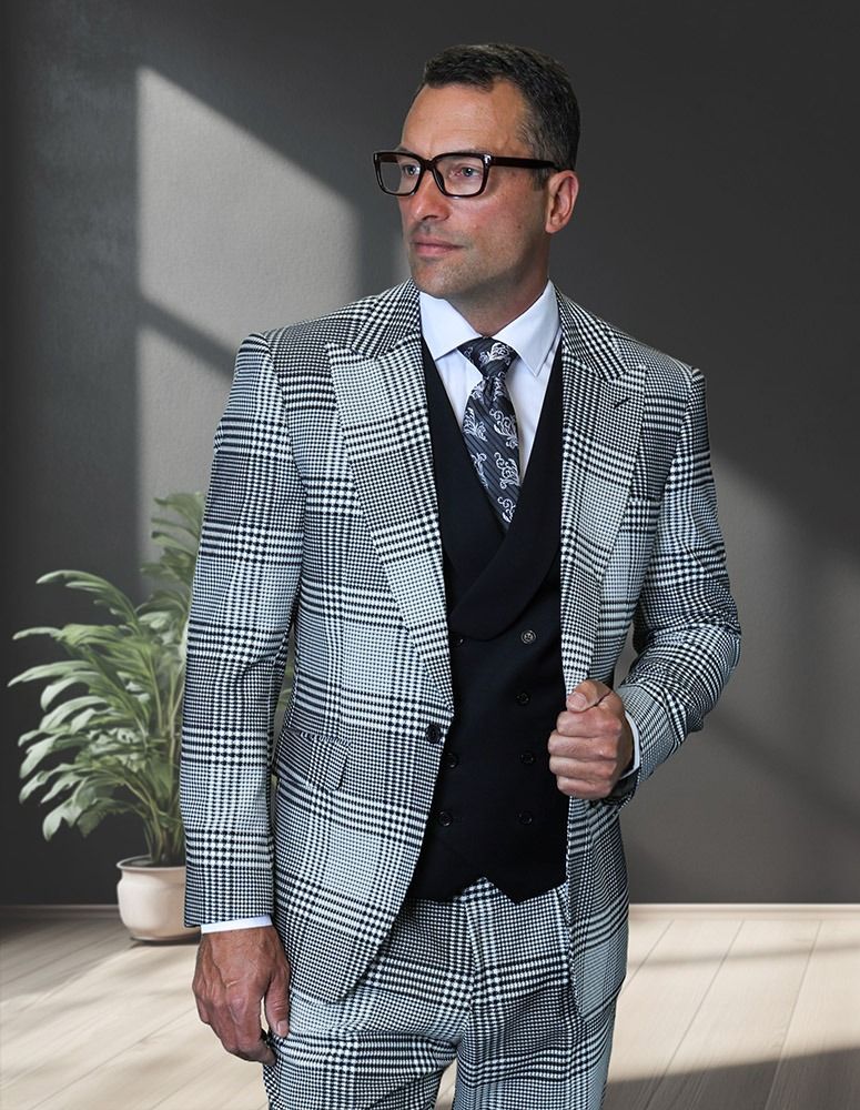 Statement Mens Modern Fit 3 Piece 100% Super 200s Wool Plaid Suit – Peak Lapel, Double Breasted Vest - 34 Short or Extra Small