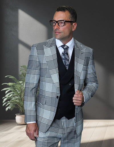 Statement Mens Modern Fit 3 Piece 100% Super 200s Wool Plaid Suit – Peak Lapel, Double Breasted Vest
