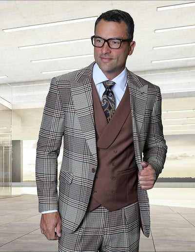 Statement Mens Modern Fit 3 Piece 100% Super 200s Wool Plaid Suit – Peak Lapel, Double Breasted Vest