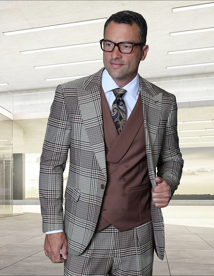 Statement Mens Modern Fit 3 Piece 100% Super 200s Wool Plaid Suit – Peak Lapel, Double Breasted Vest