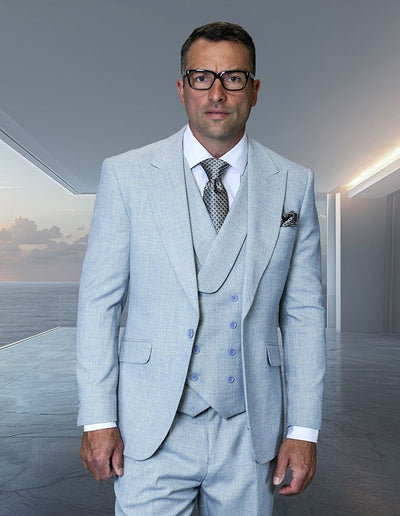 Statement Mens Modern Fit 3 Piece 100% Super 200s Wool Powder Blue Plaid Suit – Peak Lapel, Double Breasted Vest