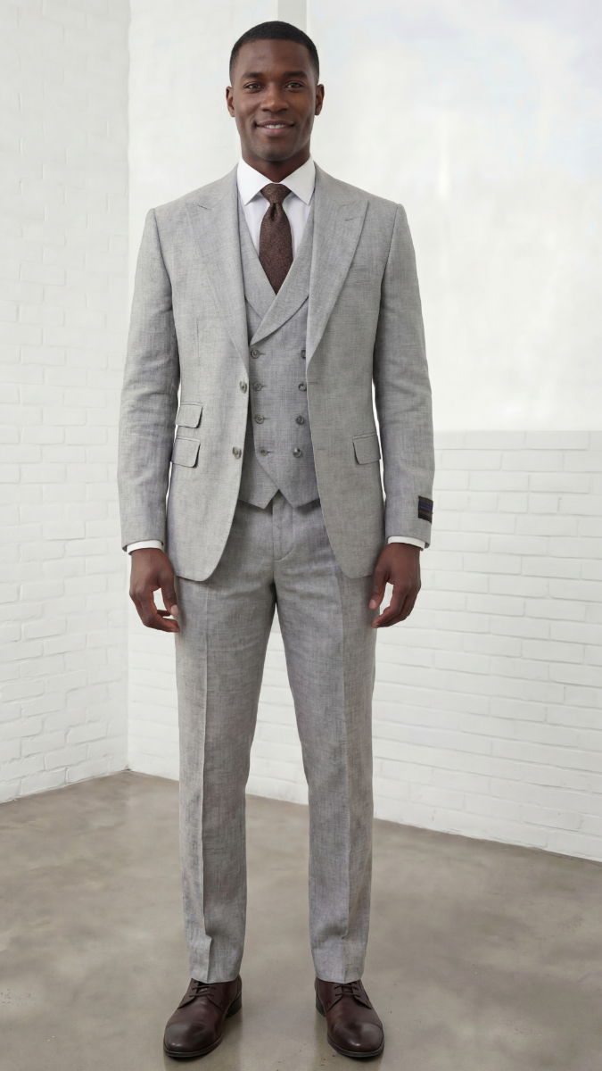 Statement Mens Modern Fit 3 Piece 100% Super 200s Wool Suit – Peak Lapel, Double Breasted Vest - 34 Short or Extra Small