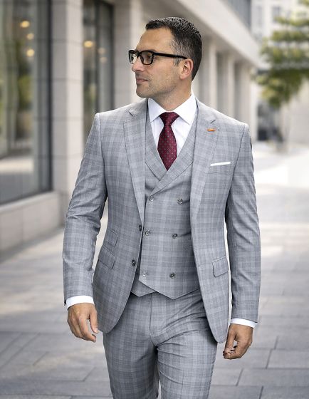 Statement Mens Modern Fit 3 Piece 100% Super 200s Wool Suit – Various Patterns, Double Breasted Vest - 34 Short or Extra Small