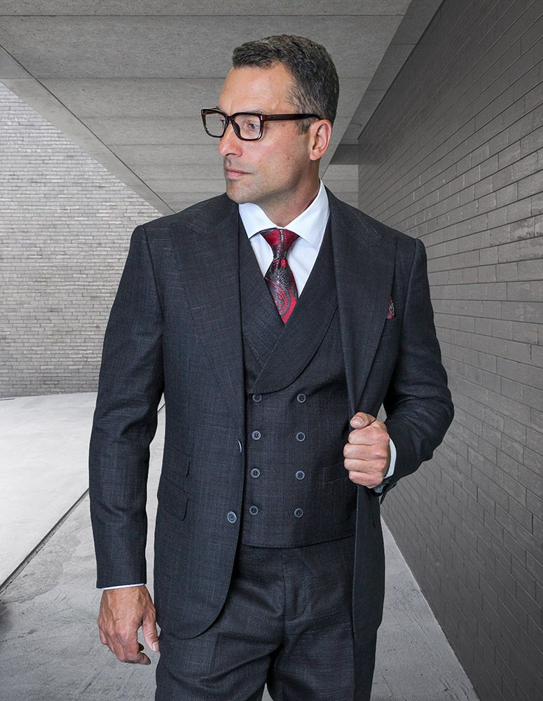 Statement Mens Modern Fit 3 Piece 100% Super 200s Wool Suit – Wide Peak Lapel, Double Breasted Vest - Default Title