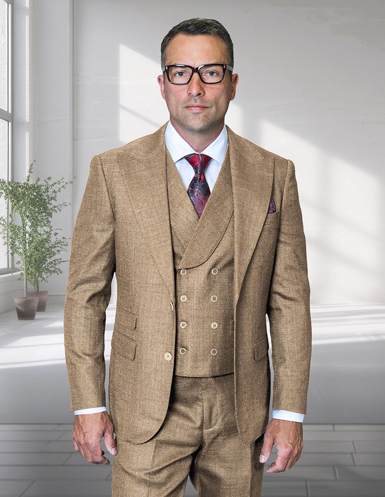 Statement Mens Modern Fit 3 Piece 100% Super 200s Wool Suit – Wide Peak Lapel, Double Breasted Vest - Default Title