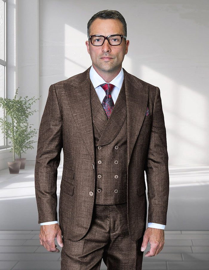 Statement Mens Modern Fit 3 Piece 100% Super 200s Wool Suit – Wide Peak Lapel, Double Breasted Vest