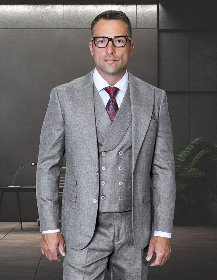 Statement Mens Modern Fit 3 Piece 100% Super 200s Wool Suit – Wide Peak Lapel, Double Breasted Vest
