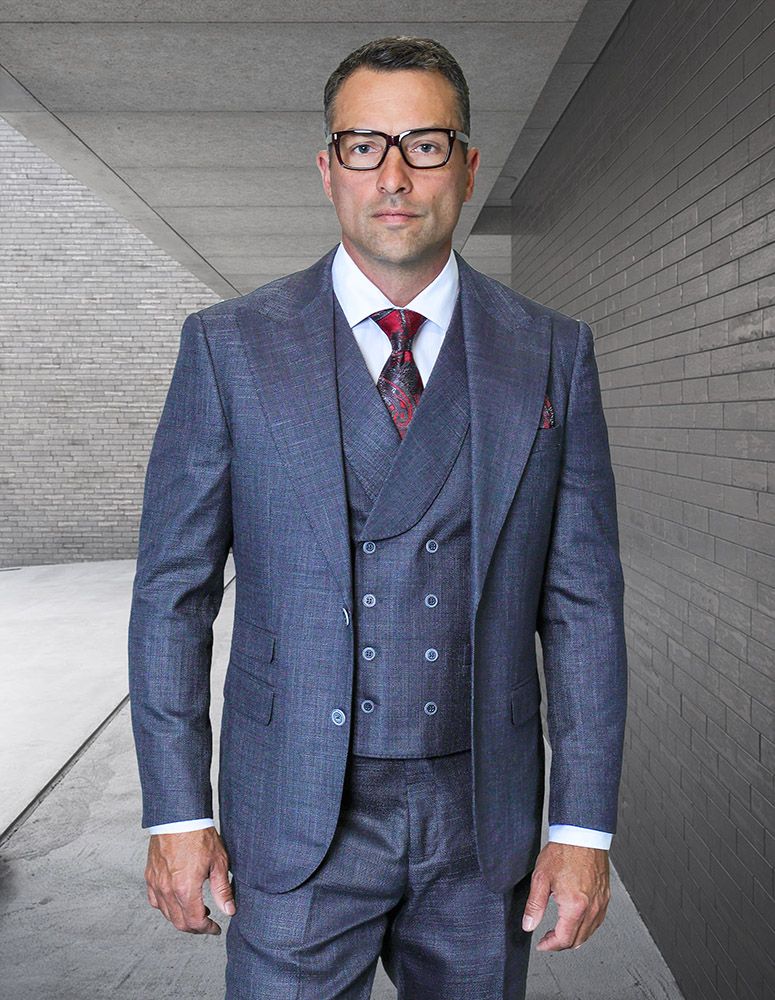 Statement Mens Modern Fit 3 Piece 100% Super 200s Wool Suit – Wide Peak Lapel, Double Breasted Vest - Default Title