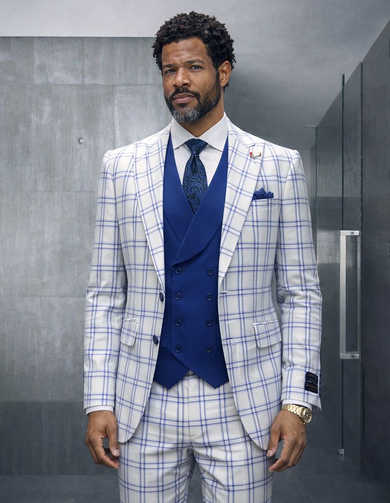 Statement Mens Modern Fit 3 Piece 100% Super Wool Windowpane Suit – Double Breasted Vest, Peak Lapel - 34 Short or Extra Small