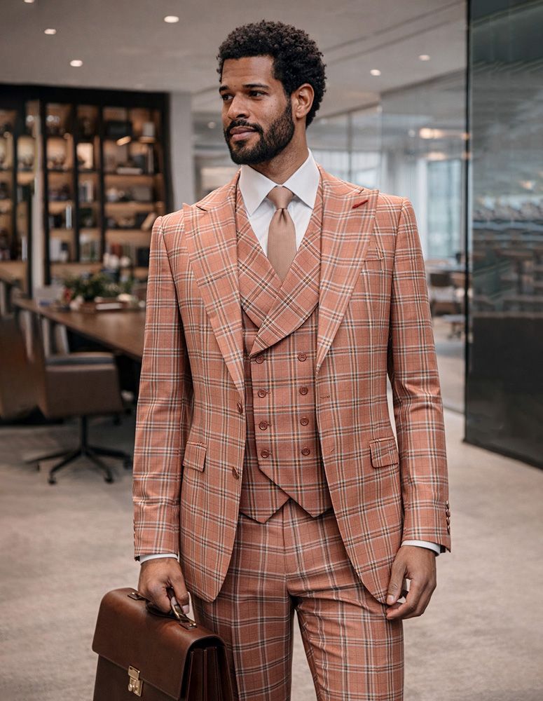 Statement Mens Modern Fit 3 Piece 100% Super Wool Windowpane Suit – Double Breasted Vest, Peak Lapel - 34 Short or Extra Small