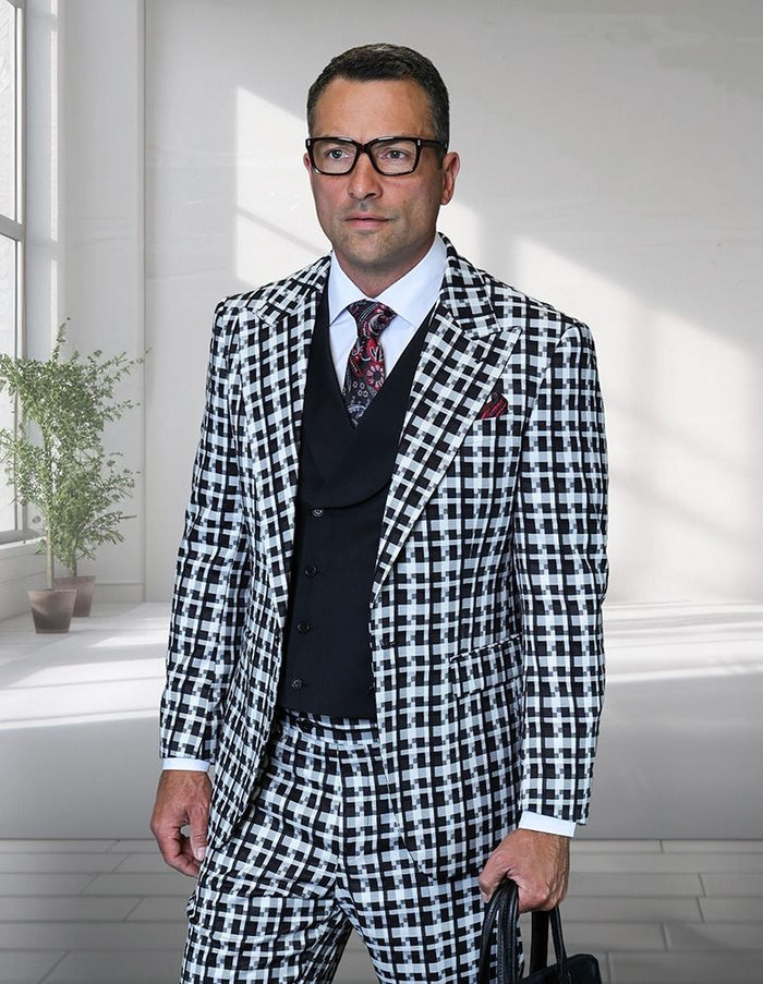 Statement Mens Modern Fit 3 Piece 100% Wool Checker Suit – Unique Pattern, Peak Lapel, Double Breasted Vest