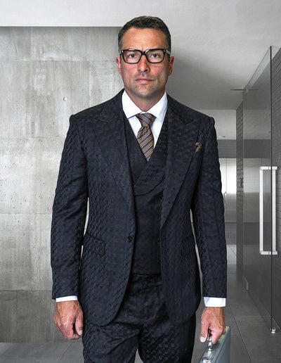 Statement Mens Modern Fit 3 Piece 100% Wool Checker Suit – Unique Pattern, Peak Lapel, Double Breasted Vest