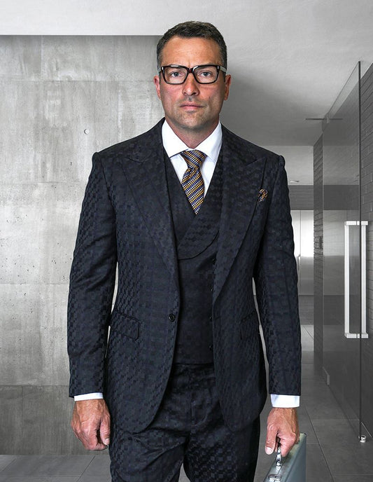 Statement Mens Modern Fit 3 Piece 100% Wool Checker Suit – Unique Pattern, Peak Lapel, Double Breasted Vest