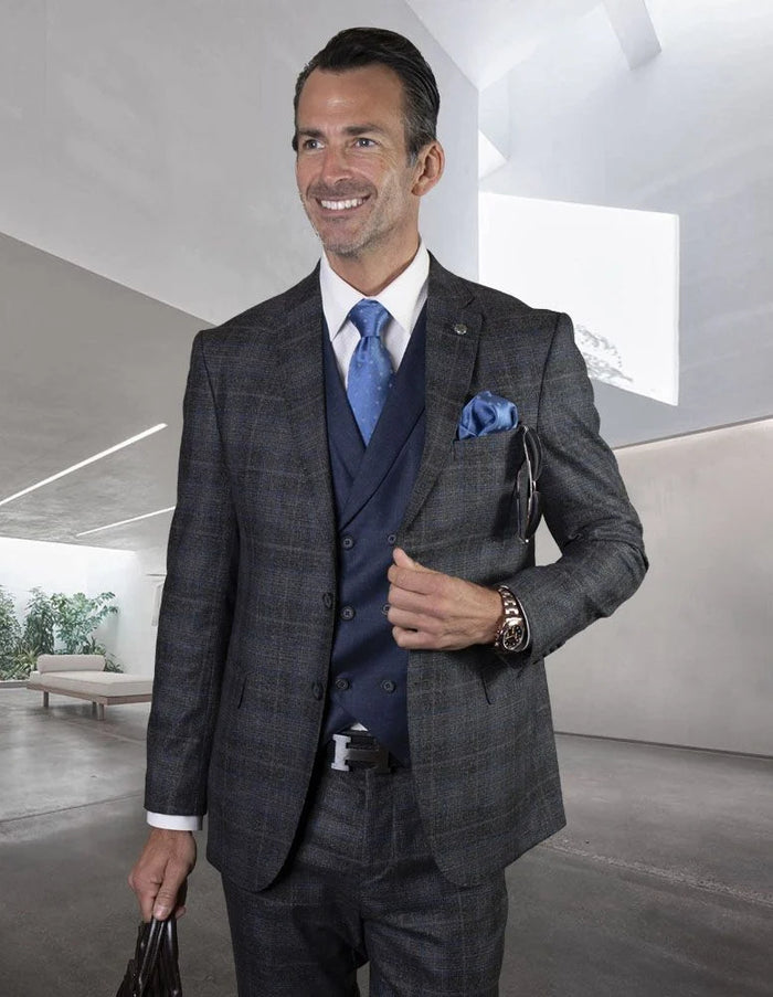 Statement Mens Modern Fit 3 Piece 100% Wool Pinstripe Suit – Wide Peak Lapel, 5 Button Vest
