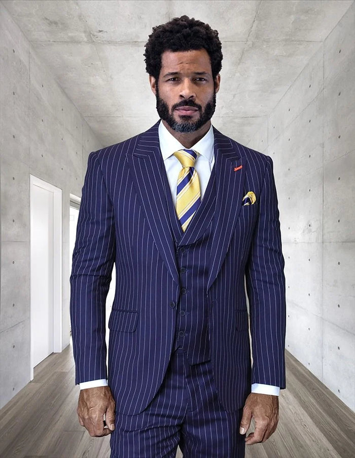 Statement Mens Modern Fit 3 Piece 100% Wool Pinstripe Suit – Wide Peak Lapel, 5 Button Vest