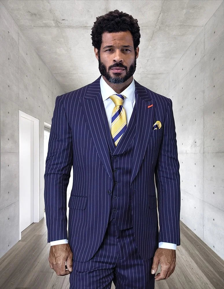 Statement Mens Modern Fit 3 Piece 100% Wool Pinstripe Suit – Wide Peak Lapel, 5 Button Vest - 34 Short or Extra Small