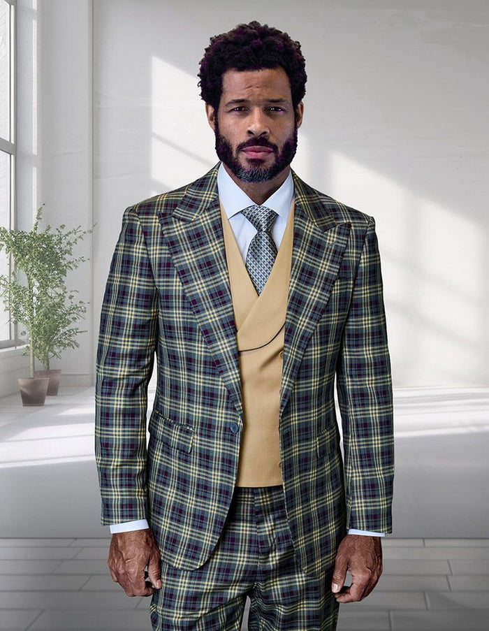 Statement Mens Modern Fit 3 Piece 100% Wool Plaid Suit – Wide Peak Lapel, Double Breasted Vest