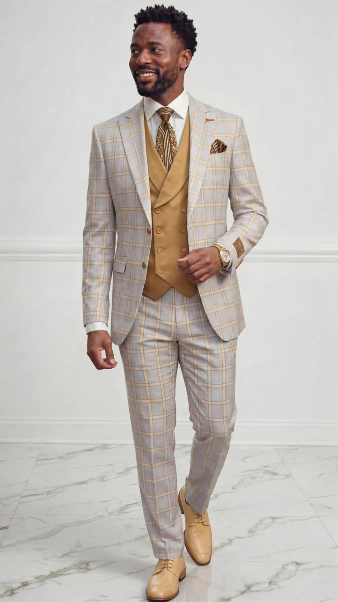Statement Mens Modern Fit 3 Piece 100% Wool Sharp Windowpane Suit – Double Breasted Vest - 34 Short or Extra Small