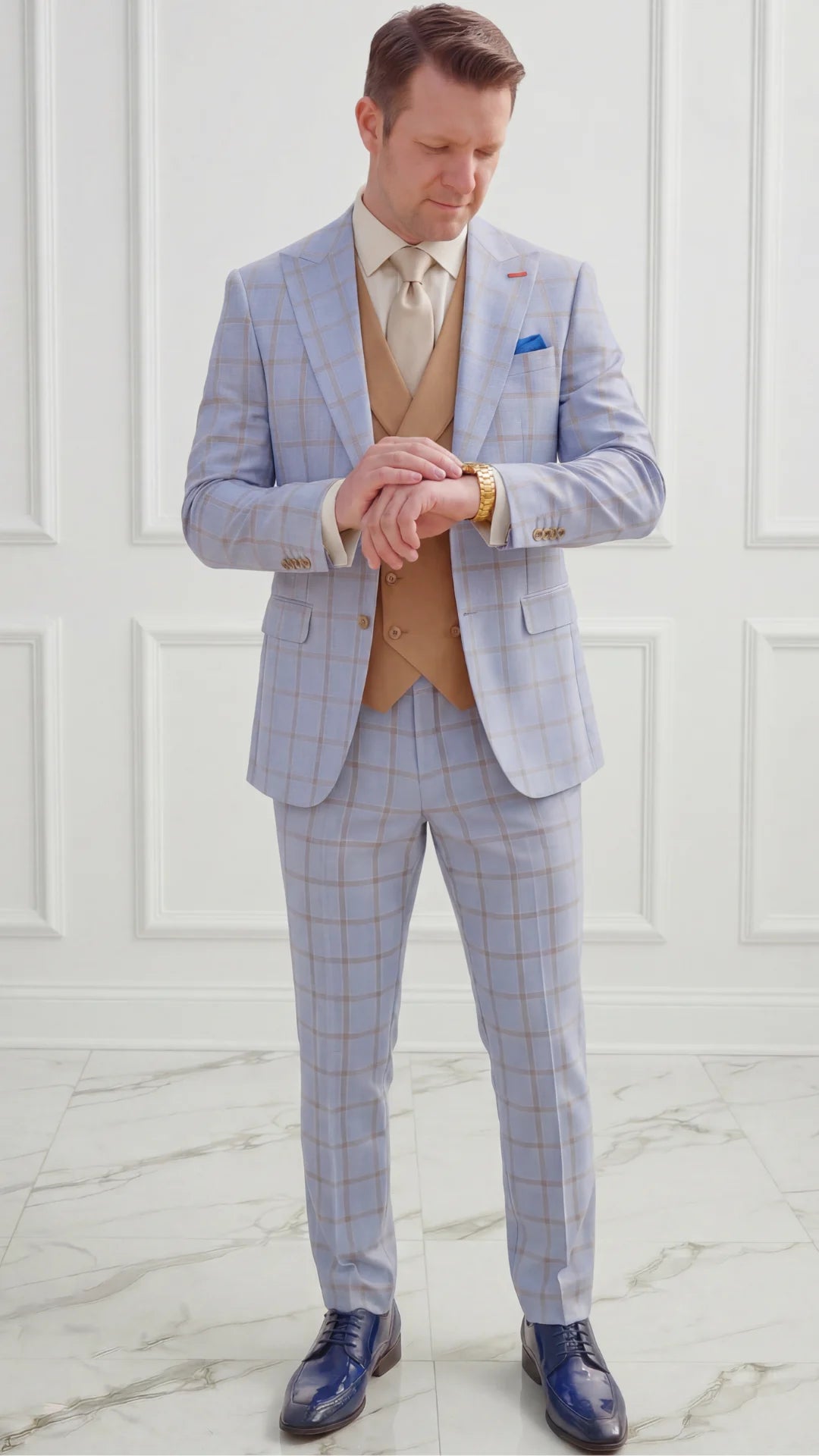 Statement Mens Modern Fit 3 Piece 100% Wool Sharp Windowpane Suit – Double Breasted Vest - 34 Short or Extra Small