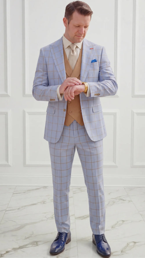 Statement Mens Modern Fit 3 Piece 100% Wool Sharp Windowpane Suit – Double Breasted Vest