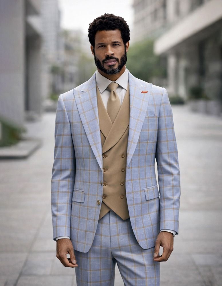 Statement Mens Modern Fit 3 Piece 100% Wool Sharp Windowpane Suit – Double Breasted Vest - 34 Short or Extra Small