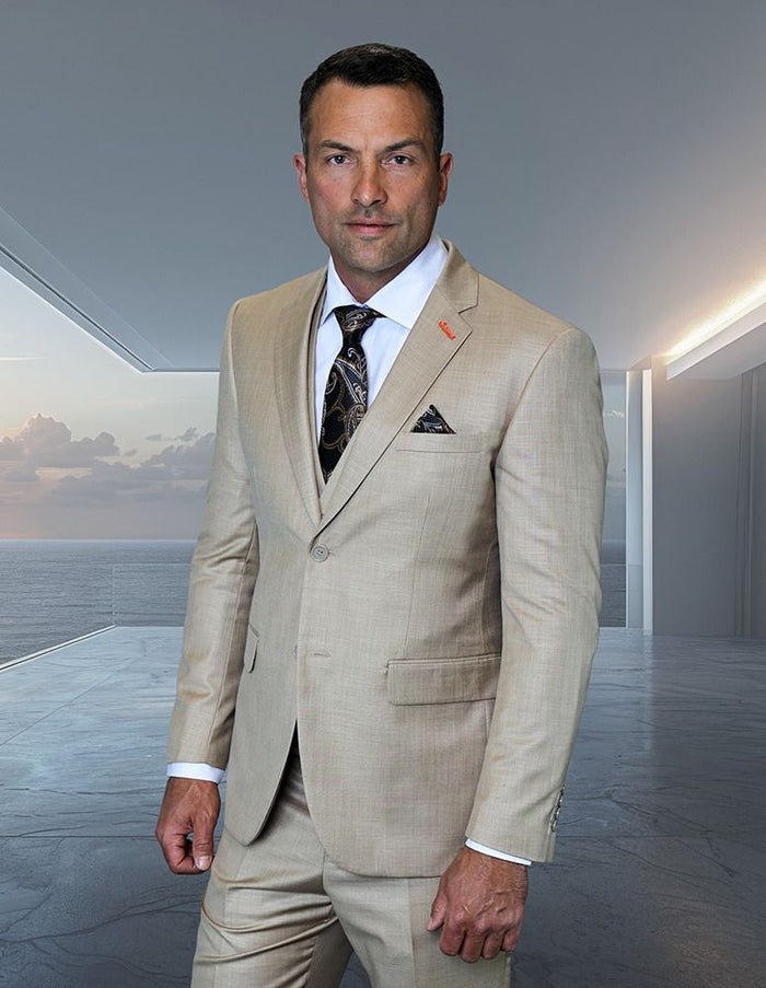 Statement Mens Modern Fit 3 Piece 100% Wool Suit – Subtle Texture, Notch Lapel Jacket